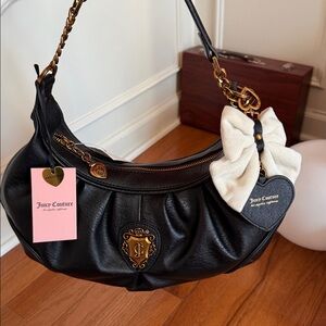 Juicy Couture Black Leather Shoulder Bag with White Bow